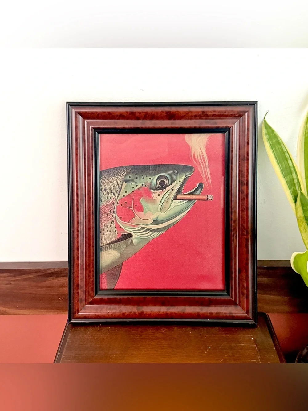 Trout Fish Smoking a Cigarette Vintage Style Canvas Wall Art Print Wood Framed